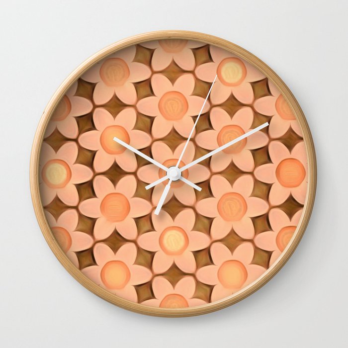 Chunky Daisies Peach Orange on Brown Wall Clock