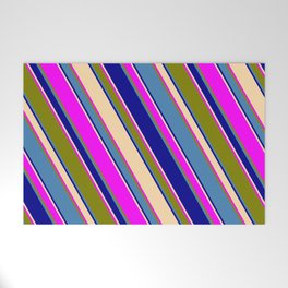 [ Thumbnail: Blue, Dark Blue, Tan, Fuchsia, and Green Colored Stripes/Lines Pattern Welcome Mat ]