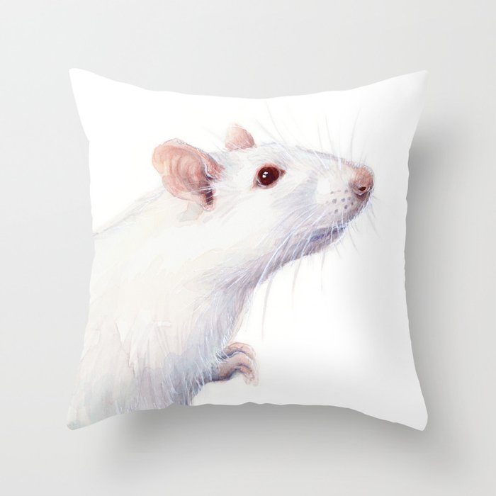 White Rat Watercolor Albino Rat Animal Throw Pillow