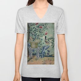 18th Century Antique Mint Chinoiserie Bird Garden Fresco 1740 V Neck T Shirt