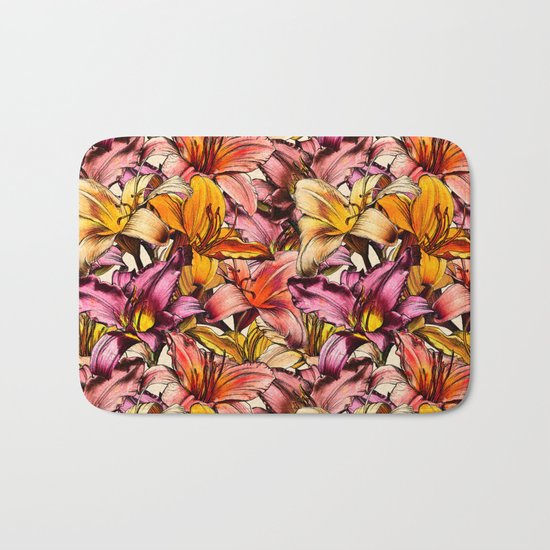 Daylily Drama - a floral illustration pattern Bath Mat