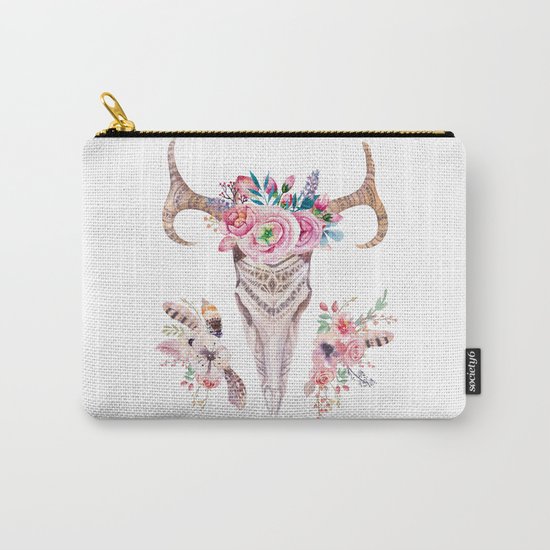 Deer skull with feathers and flowers Carry-All Pouch