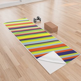 [ Thumbnail: Eye-catching Green, Yellow, Light Blue, Red & Midnight Blue Colored Lines/Stripes Pattern Yoga Towel ]