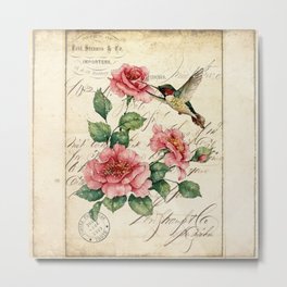 Vintage Roses Print Hummingbird Art Love Quote Rustic Decor Valentine Gift Metal Print