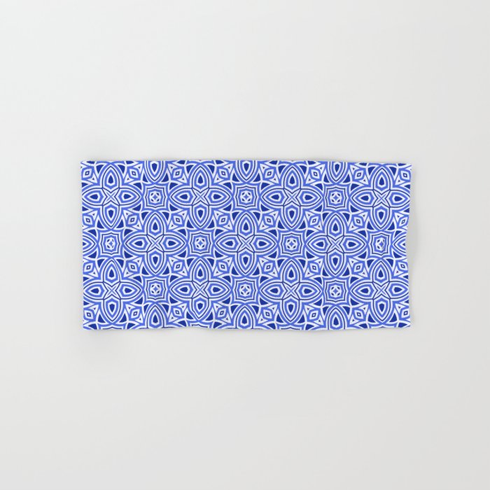 Intricate blue geometric pattern Hand Bath Towel by Jaanikka