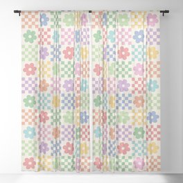 Colorful Flowers Double Checker Sheer Curtain
