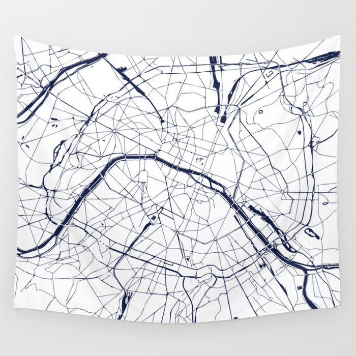 Paris France Minimal Street Map - Navy Blue and White Wall Tapestry