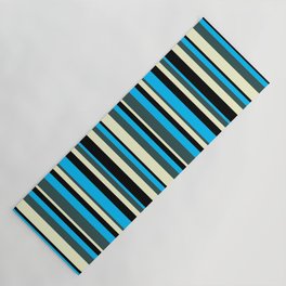 [ Thumbnail: Deep Sky Blue, Dark Slate Gray, Light Yellow & Black Colored Striped/Lined Pattern Yoga Mat ]