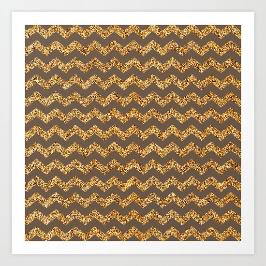 Brown Gold Glitter Chevron Art Print