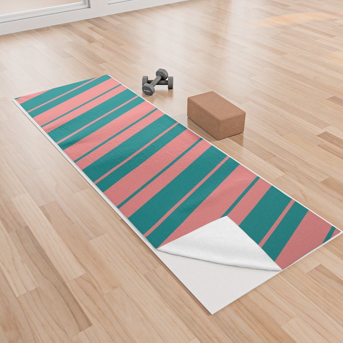 Light Coral & Teal Colored Striped/Lined Pattern Yoga Towel