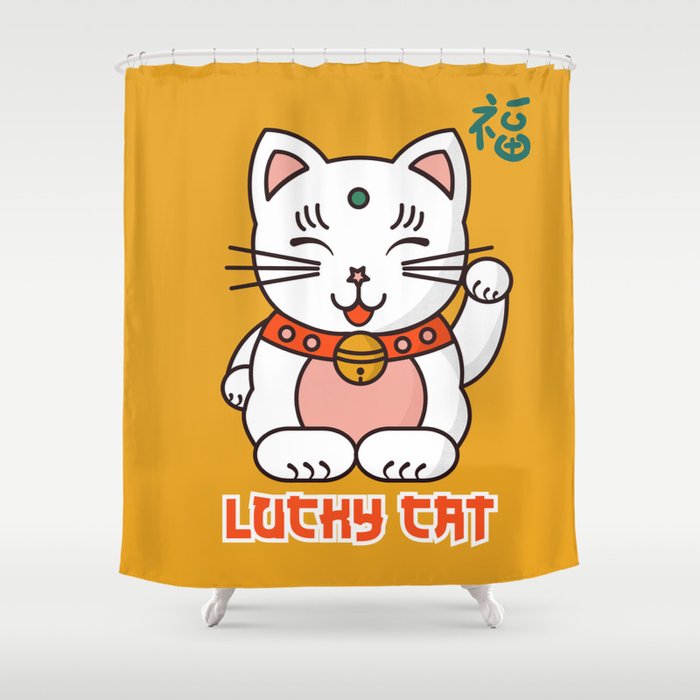 Lucky Cat On Yellow Shower Curtain