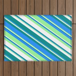 [ Thumbnail: Dark Cyan, Blue, Green & White Colored Striped Pattern Outdoor Rug ]