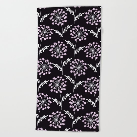 Fishnet pink flowers on a black background. Beach Towel