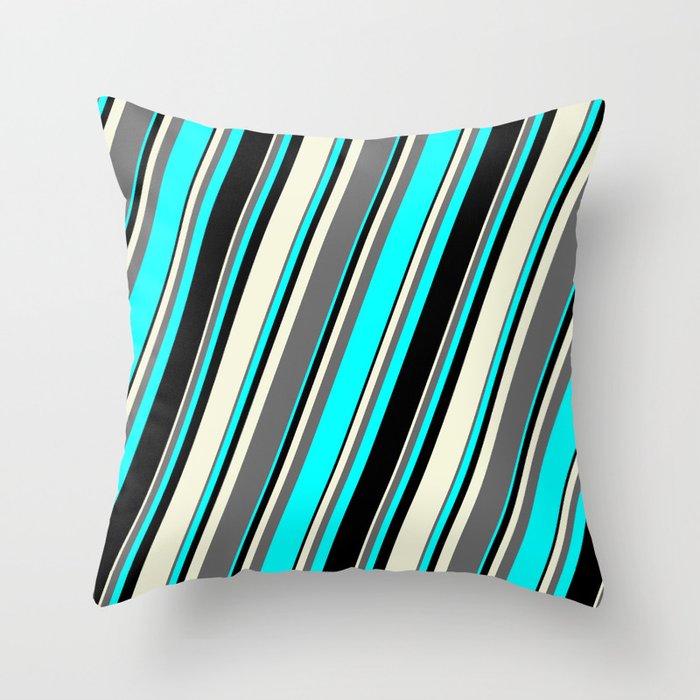 Beige, Dim Grey, Aqua & Black Colored Lines/Stripes Pattern Throw Pillow