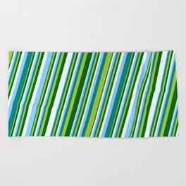[ Thumbnail: Light Sky Blue, Teal, Green, Dark Green, and Mint Cream Colored Striped Pattern Beach Towel ]