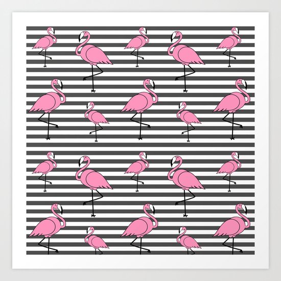 Flamingo Pattern Striped Background Art Print