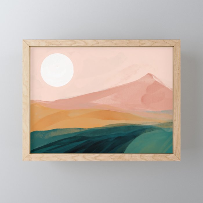 pink, green, gold moon watercolor mountains Framed Mini Art Print