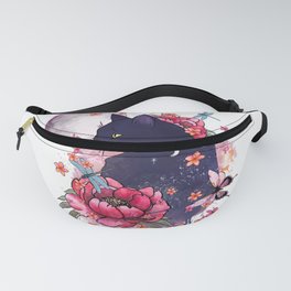 Black cat and moon, flowers and butterfly Fanny Pack