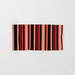 [ Thumbnail: Dark Salmon, Black & Maroon Colored Pattern of Stripes Hand & Bath Towel ]
