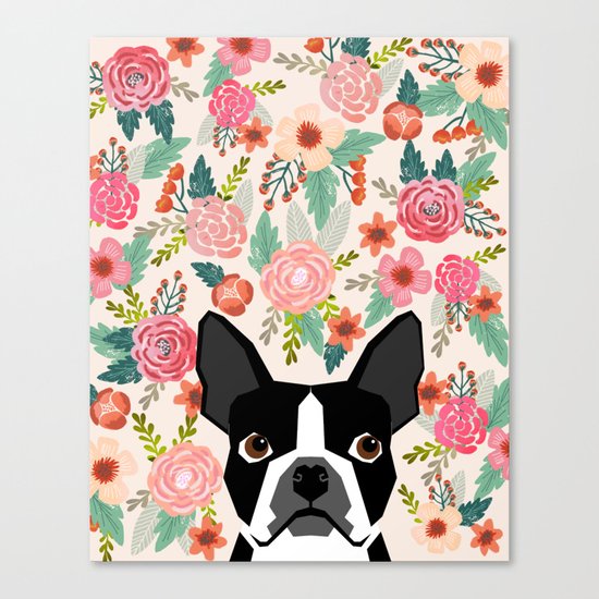 Boston Terrier florals flowers boho cute black and white boston terrier puppy dog pet portraits Canvas Print