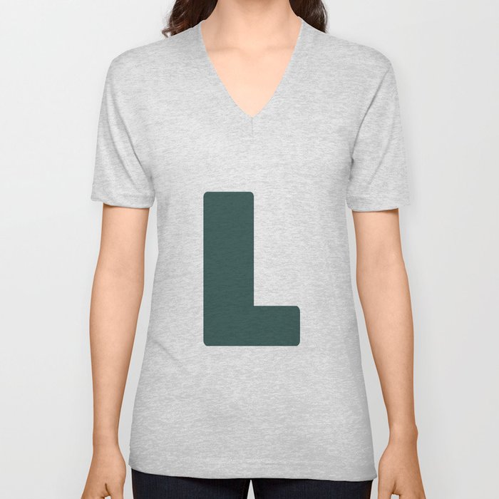 L (Dark Green & White Letter) V Neck T Shirt