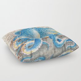 Blue octopus Vintage Map Watercolor Nautical Marine Art Floor Pillow