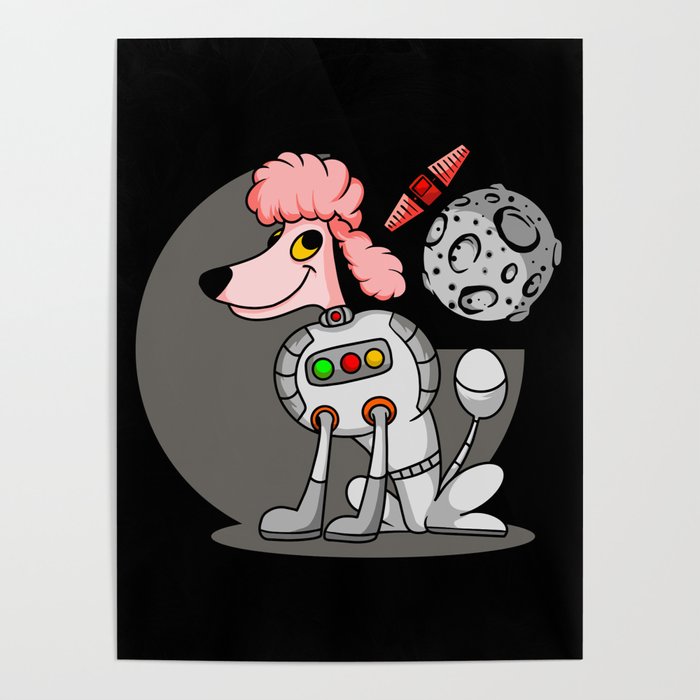 Pink cartoon dog astronaut in galaxy with planet Poster