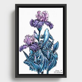 Calming picture, blue decorative cockerel fish, purple iris flowers illustration Framed Canvas