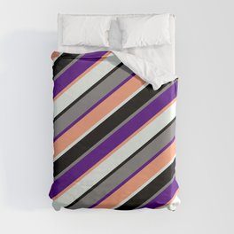 [ Thumbnail: Eye-catching Grey, Indigo, Light Salmon, Mint Cream, and Black Colored Stripes/Lines Pattern Duvet Cover ]