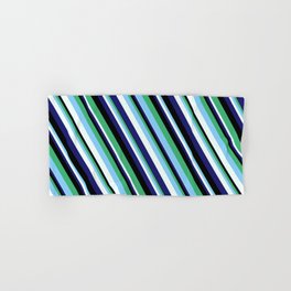 [ Thumbnail: Eye-catching Sea Green, Light Sky Blue, Mint Cream, Midnight Blue, and Black Colored Lined Pattern Hand & Bath Towel ]