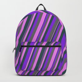 [ Thumbnail: Purple, Dim Grey, Violet, and Dark Slate Gray Colored Lines/Stripes Pattern Backpack ]