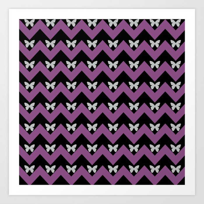 Black And Purple Zigzag Chevron And Butterfly Pattern Art Print