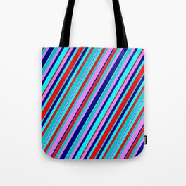 [ Thumbnail: Colorful Aqua, Red, Dark Turquoise, Violet, and Blue Colored Lined Pattern Tote Bag ]