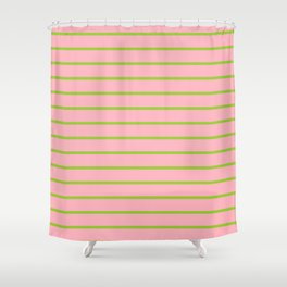 [ Thumbnail: Light Pink and Green Colored Lines/Stripes Pattern Shower Curtain ]