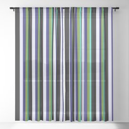 [ Thumbnail: Eye-catching Turquoise, Green, Midnight Blue, Lavender, and Black Colored Striped Pattern Sheer Curtain ]