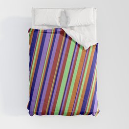 [ Thumbnail: Colorful Brown, Green, Chocolate, Blue, and Purple Colored Lined Pattern Comforter ]