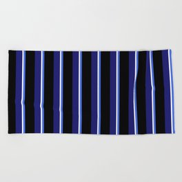 [ Thumbnail: Royal Blue, Black, Midnight Blue & White Colored Striped Pattern Beach Towel ]