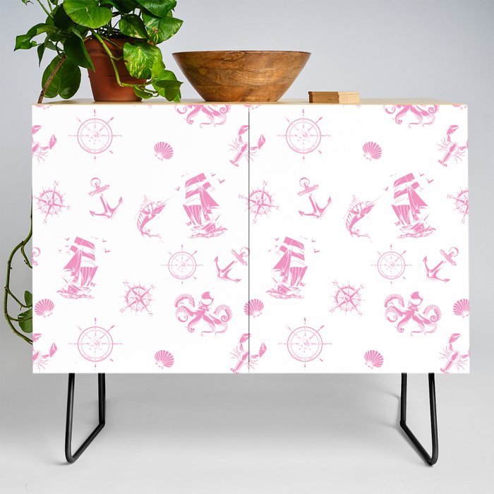 Pink Silhouettes Of Vintage Nautical Pattern Credenza