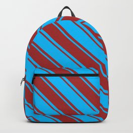 [ Thumbnail: Deep Sky Blue & Brown Colored Striped Pattern Backpack ]