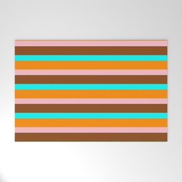 [ Thumbnail: Dark Orange, Pink, Brown & Aqua Colored Lined Pattern Welcome Mat ]