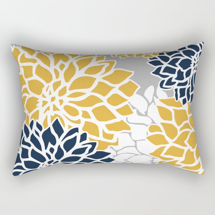 Flower Blooms, Yellow, Grey, Navy Rectangular Pillow