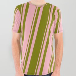 [ Thumbnail: Green and Light Pink Colored Striped Pattern All Over Graphic Tee ]