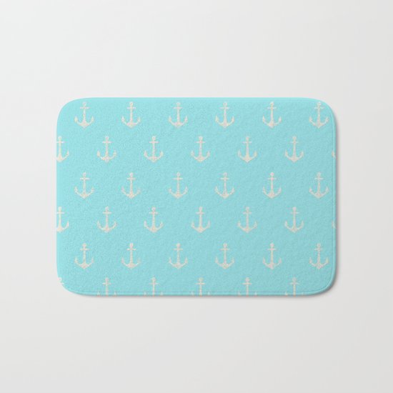 Maritime Aqua and White Anchor Pattern on #Society6 Bath Mat