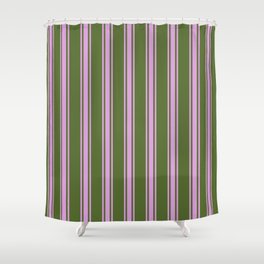 [ Thumbnail: Dark Olive Green & Plum Colored Striped/Lined Pattern Shower Curtain ]