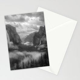 Mountains with morning mist and fog; waterfall alpine valley black and white photograph / photograph for home and wall decor Stationery Card
