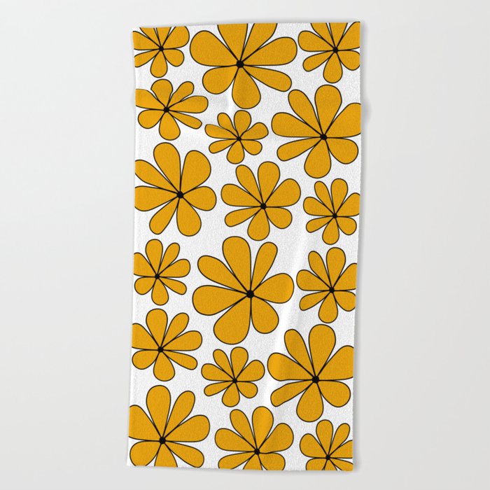 Retro Daisy Pattern II Yellow Bold Floral Beach Towel