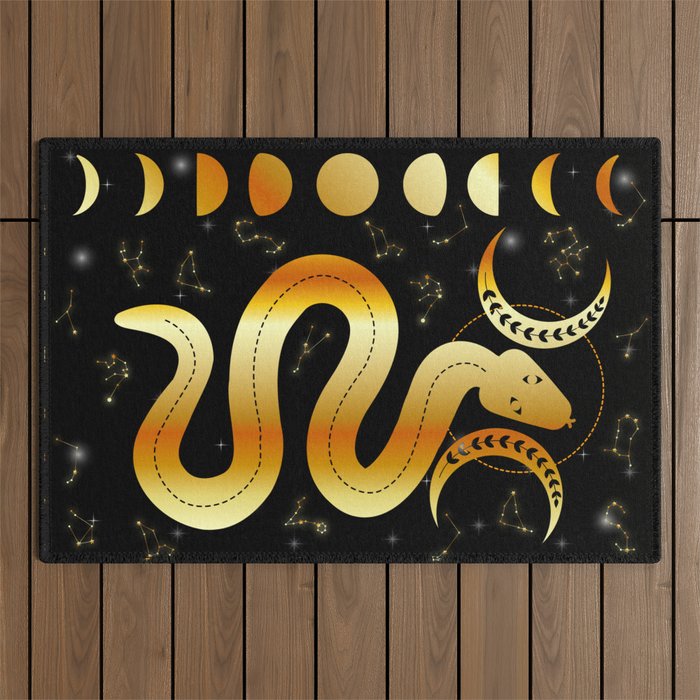 Magic snake with moon phases stars and constellations in gold Outdoor Rug