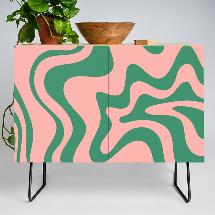 Liquid Swirl Contemporary Abstract Pattern in Blush Pink and Jade Green Credenza