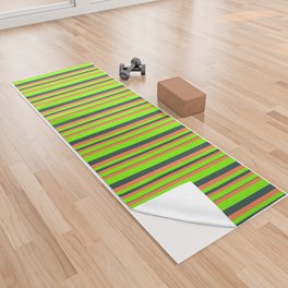 [ Thumbnail: Chartreuse, Coral, and Dark Slate Gray Colored Lines/Stripes Pattern Yoga Towel ]