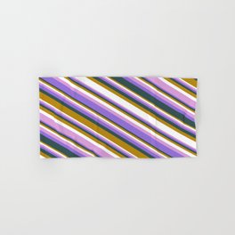 [ Thumbnail: Colorful Dark Goldenrod, White, Plum, Purple & Dark Slate Gray Colored Lines/Stripes Pattern Hand & Bath Towel ]